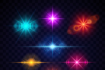 Realistic color lens flare light effects, vector party lights set