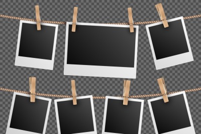 Retro photo frames hanging on rope isolated checkered transparent back