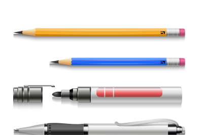 Pens, pencils, markers, realistic vector set of writing tools