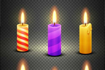 Different candles with flame vector set isolated on checkered transpar