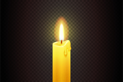 Vector candle with flame on transparent checkered dark background&2C; can