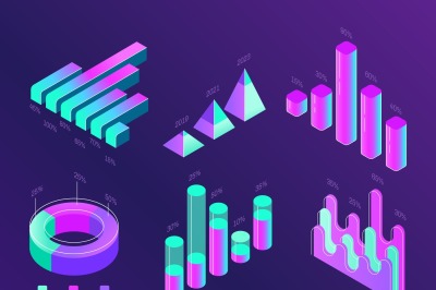 Modern isometric business infographic. Percentage charts, statistics c