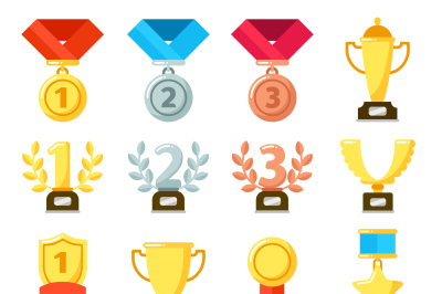 Achievement award, achiever trophy, achievements medal icon. Gold, sil