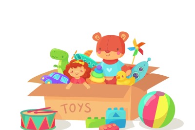 Cartoon kids toys in cardboard toy box. Children holiday gift boxes wi