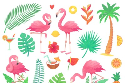 Pink flamingo and tropical plants. Beach palm, african plant leafs, ra