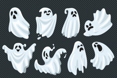 Spooky halloween ghost. Fly phantom spirit with scary face. Ghostly ap