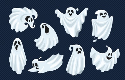 Ghost character. Halloween scary ghostly monster, dead boo spook and s