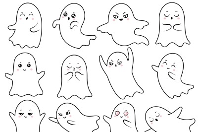 Cute kawaii ghost. Spooky halloween ghosts, smiling spook and scary gh