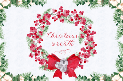 Christmas wreath. Watercolor clipart.