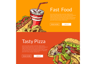 Vector horizontal banners with hand drawn fast food