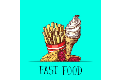 Vector hand drawn colored fast food ice cream, pie and fried potatoes 