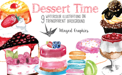 Dessert time: Set of 9 watercolor illustrations 
