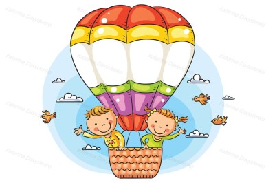 Cartoon kids travelling by air with copy space across the balloon