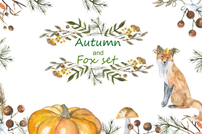 autumn and foxes animals set