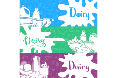 Vector banners with lettering and hand drawn dairy products