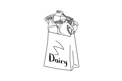 Vector sketched dairy products gathered in paper bag