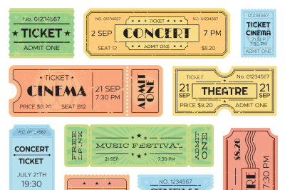 Vintage admitted cinema, music festival pass, train ticket. Isolated a