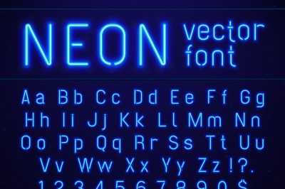 Bright glowing blue neon alphabet letters and numbers font. Nightlife 