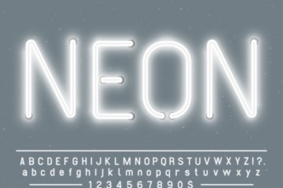 Bright glowing white neon sign characters. Vector font with glow light