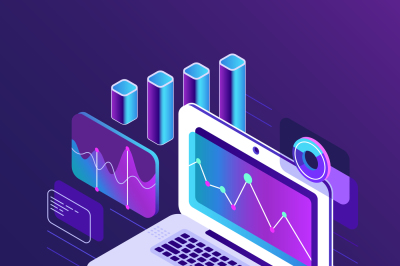 Finance market analysis isometric 3d charts on business laptop. Analyt