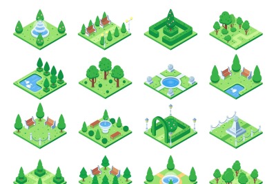 Isometric green park or garden trees. Fountain and bushes, benches and