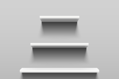 Simply shelves on white wall for indoor interior design. Retail 3d she