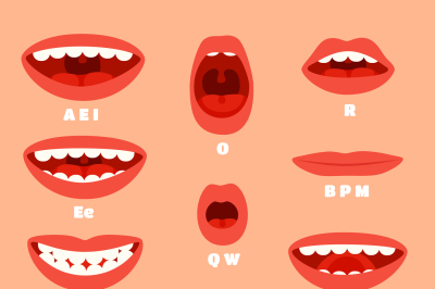 Expressive cartoon articulation mouth, lips. Lip sync animation phonem