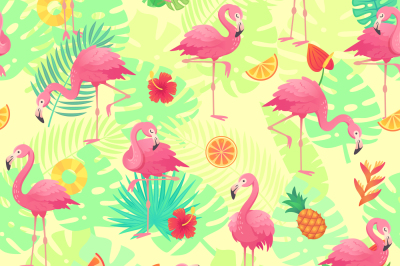 Exotic pink flamingos&2C; tropical plants and jungle flowers monstera and