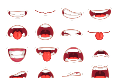 Cartoon mouths. Facial expression surprised mouth with teeth shock sho