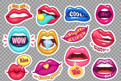 Sticker lips. Provocative girl mouths cartoon sensual stickers. Girls 