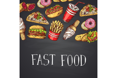 Vector hand drawn fast food illustration with lettering on chalkboard 