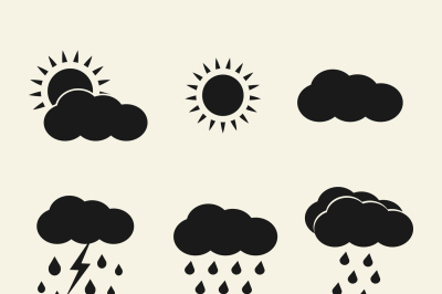 Vector weather icons set. Sun&2C; clouds&2C; rain&2C; lightning.