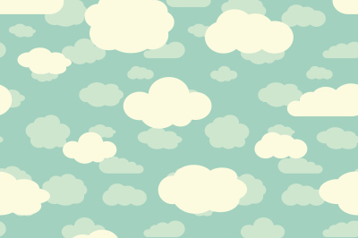 Blue sky and cute white clouds seamless pattern in retro colors