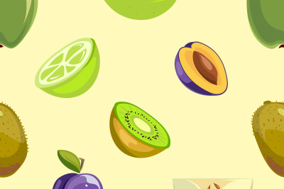 Green and blue fruits seamless pattern over white background