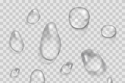 Transparent water drops vector set isolated on plaid background