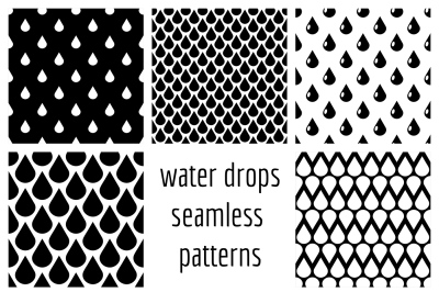 Set of vector water drops seamless patterns in black and white