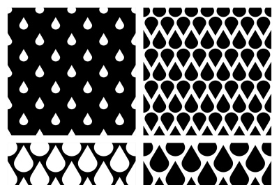 Set of vector water drops seamless patterns in black and white