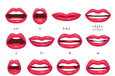 Mouth animation. Lip sync animated phonemes for cartoon woman characte