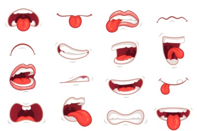 Funny mouths. Facial expressions, cartoon lips and tongues. Hand drawi