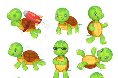 Turtle child. Running fast tortoise. Green kids turtles cartoon charac