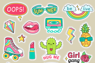 Fun fashion teenage stickers. Cute cartoons patches for teenager. Stic