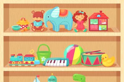 Cartoon toys on wood shelves. Funny animal baby piano girl doll and pl