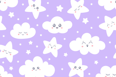 Seamless purple smiling stars and clouds pattern for baby pajamas fabr