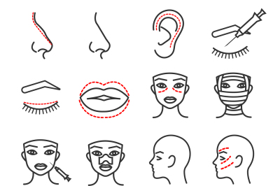 Cosmetic plastic face surgery vector thin line icons set