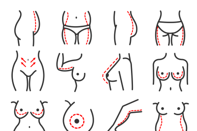 Plastic body cosmetic surgery vector line icons set