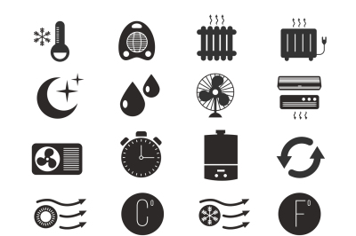 Heating and cooling, air conditioning system vector icons