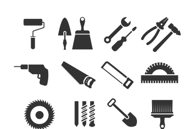 Construction tools vector black icons set