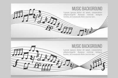 Music banners vector set with notes and sound wave