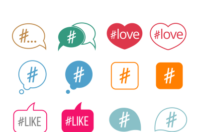 Hashtag flat vector icons set