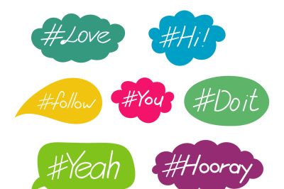 Hashtag words in speech bubble vector set